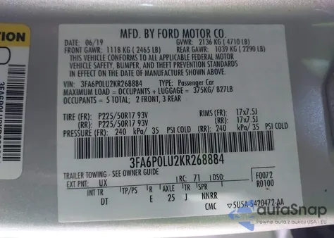2019 Ford Fusion Hybrid Se из США, поврежденный, VIN 3FA6P0LU2KR268884